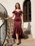 Cabernet Satin Mermaid V-Neck V-Back Floor-Length Bridesmaid Dress with Ruffle
