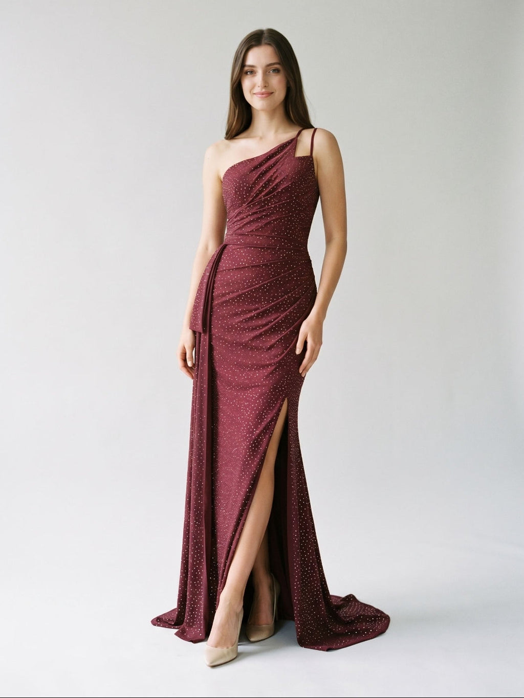 Cabernet Satin Sheath One Shoulder Back Zip Floor-Length Dress with Pleating