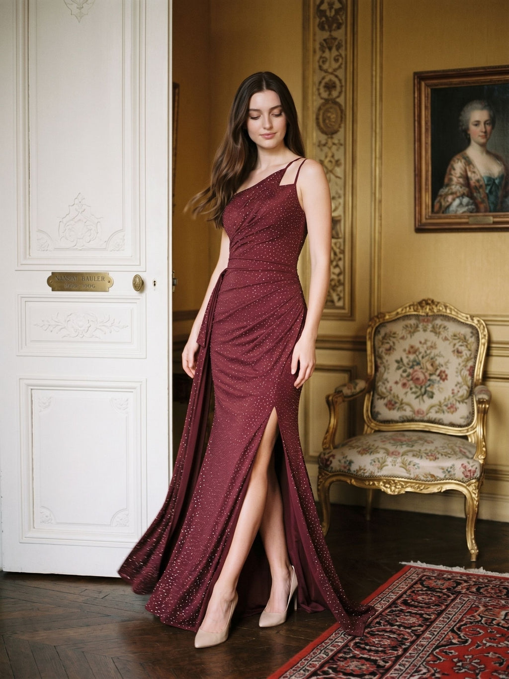Cabernet Satin Sheath One Shoulder Back Zip Floor-Length Dress with Pleating