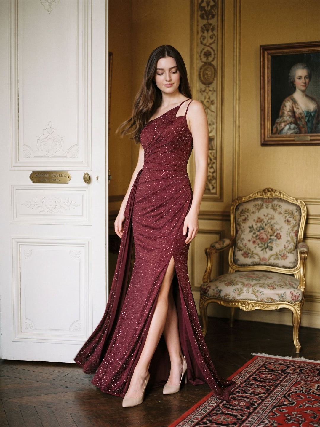 Cabernet Satin Sheath One Shoulder Back Zip Floor-Length Dress with Pleating