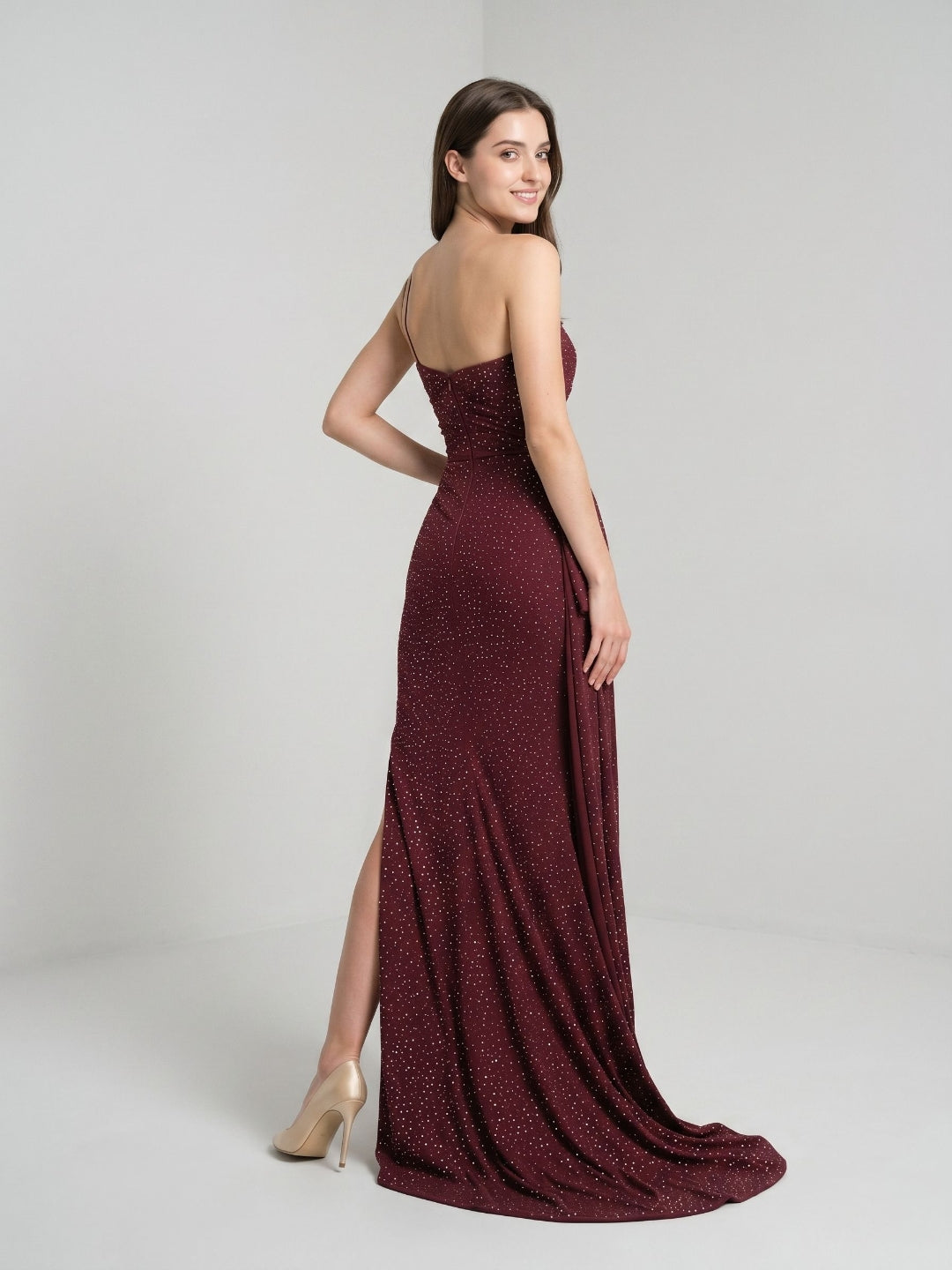 Cabernet Satin Sheath One Shoulder Back Zip Floor-Length Dress with Pleating
