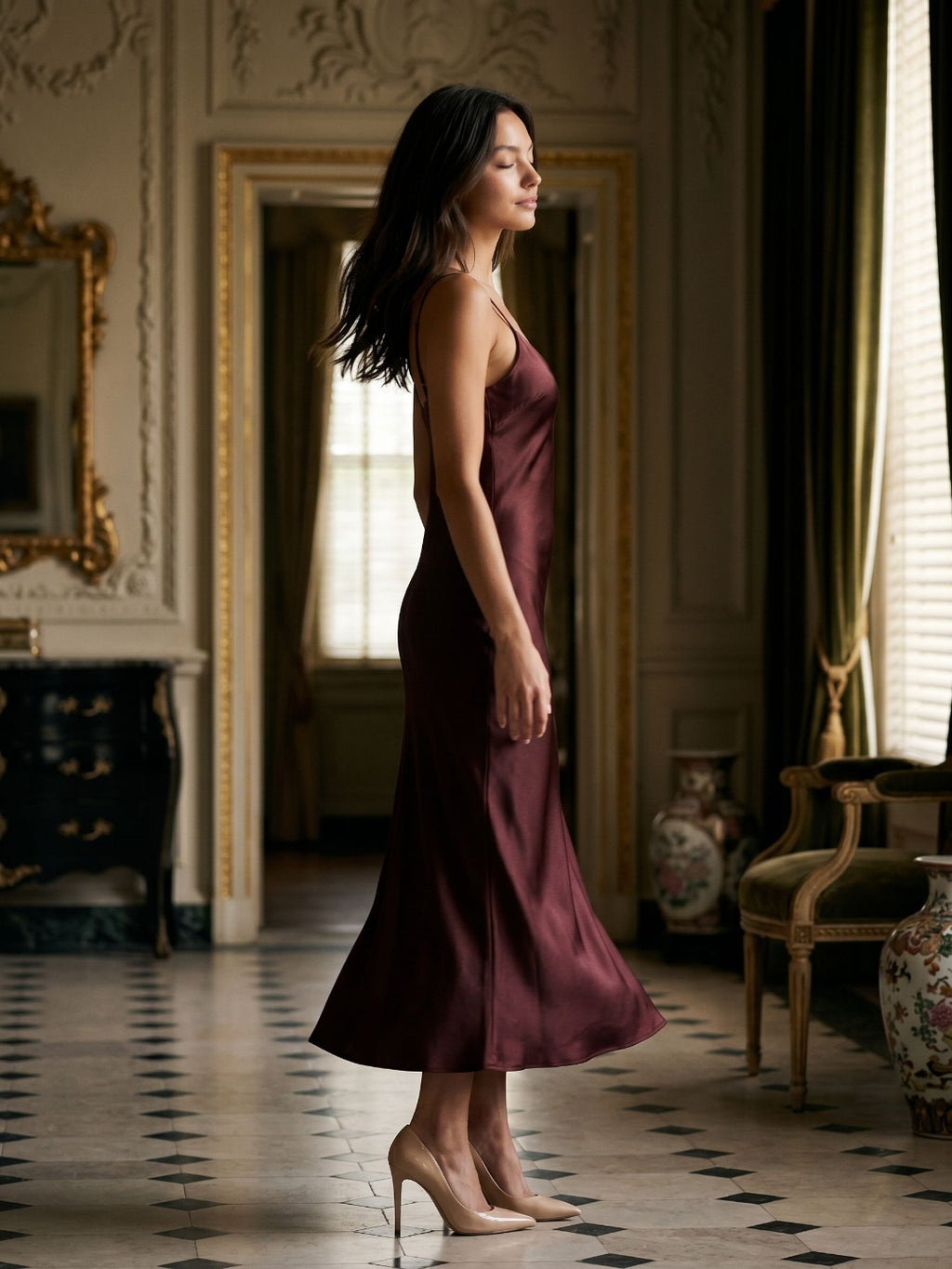 Cabernet Satin Sheath Scoop Neck Backless Ankle-Length Formal Dress