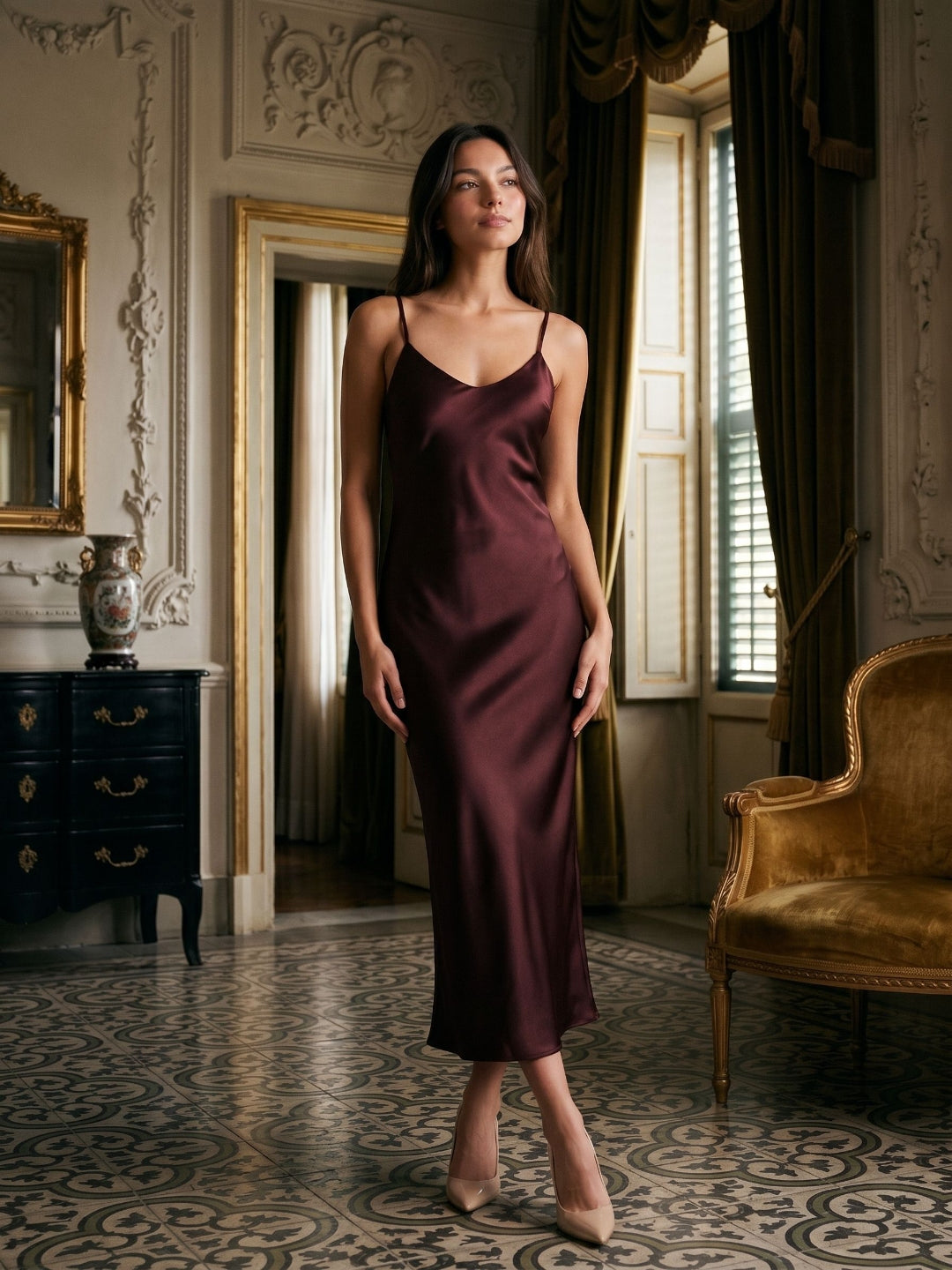Cabernet Satin Sheath Scoop Neck Backless Ankle-Length Formal Dress