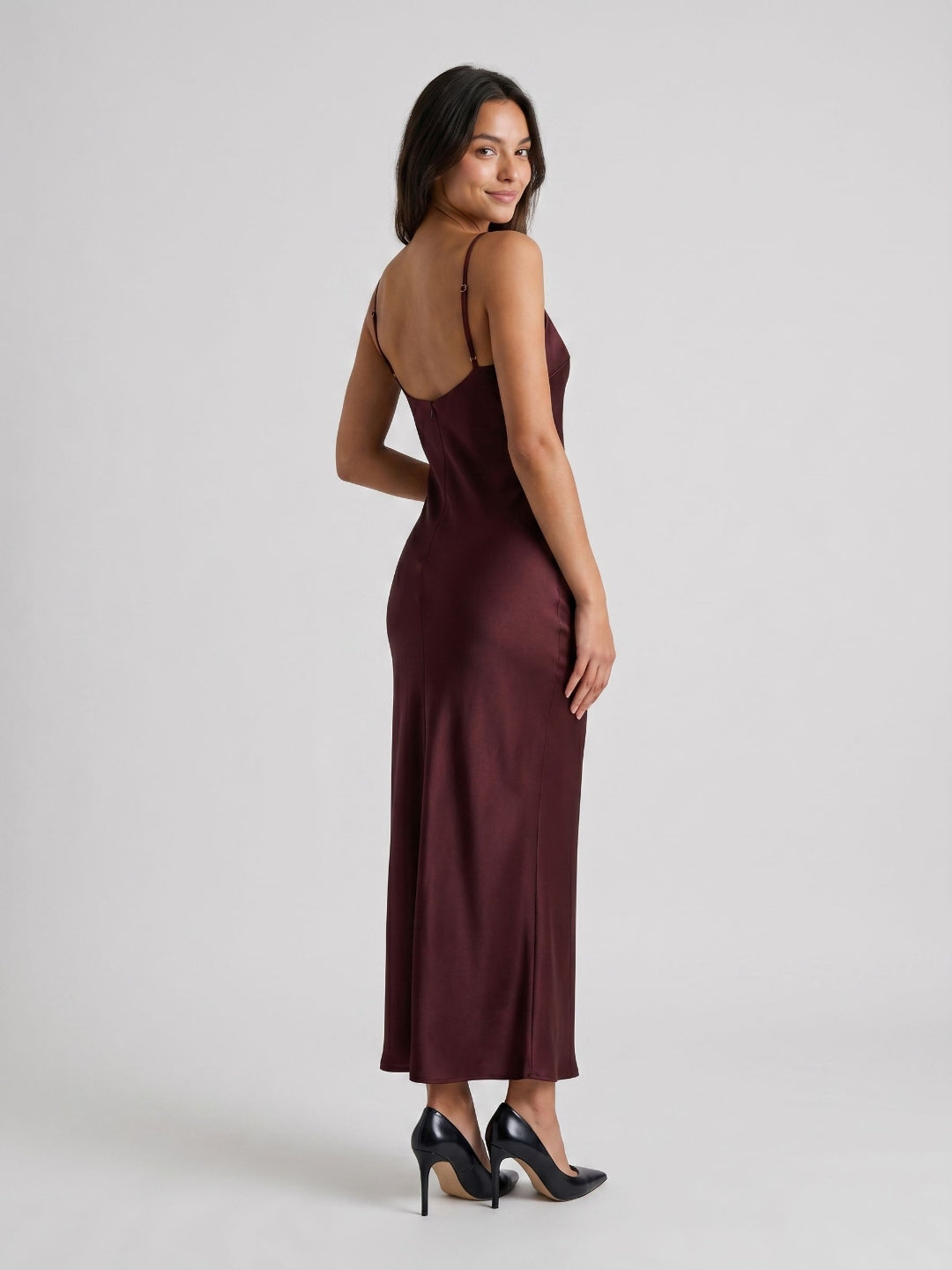 Cabernet Satin Sheath Scoop Neck Backless Ankle-Length Formal Dress