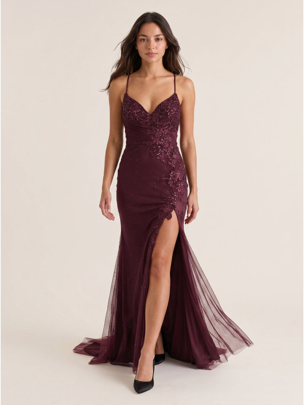 Cabernet Sequin Mermaid V-Neck Criss-Cross Floor-Length Prom Dress with 3D Flowers