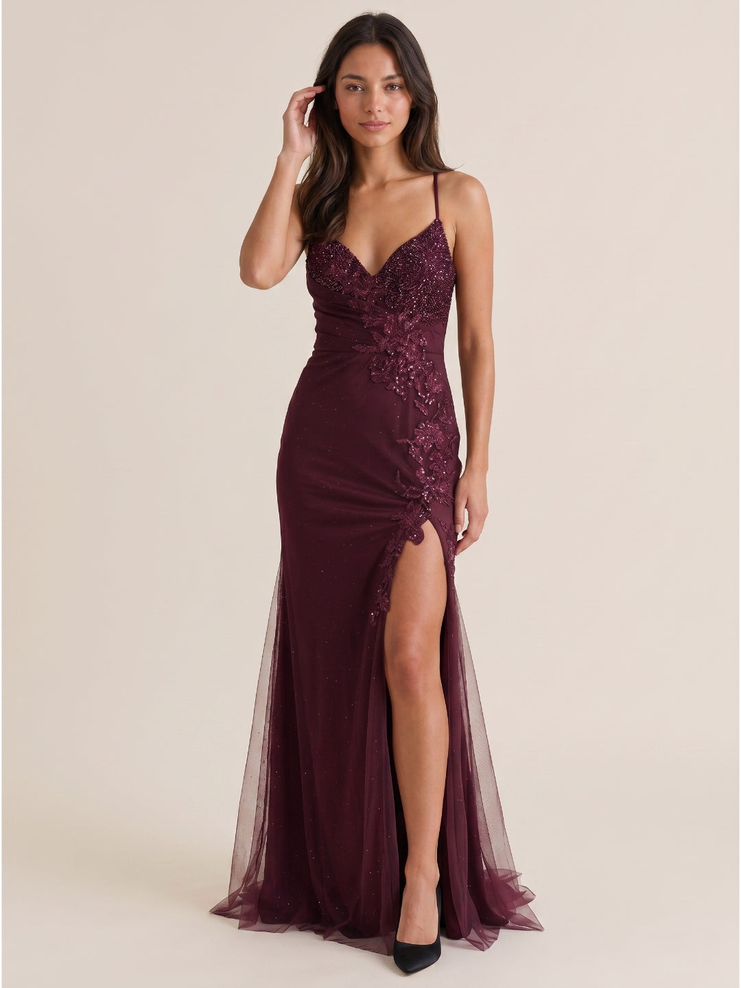 Cabernet Sequin Mermaid V-Neck Criss-Cross Floor-Length Prom Dress with 3D Flowers