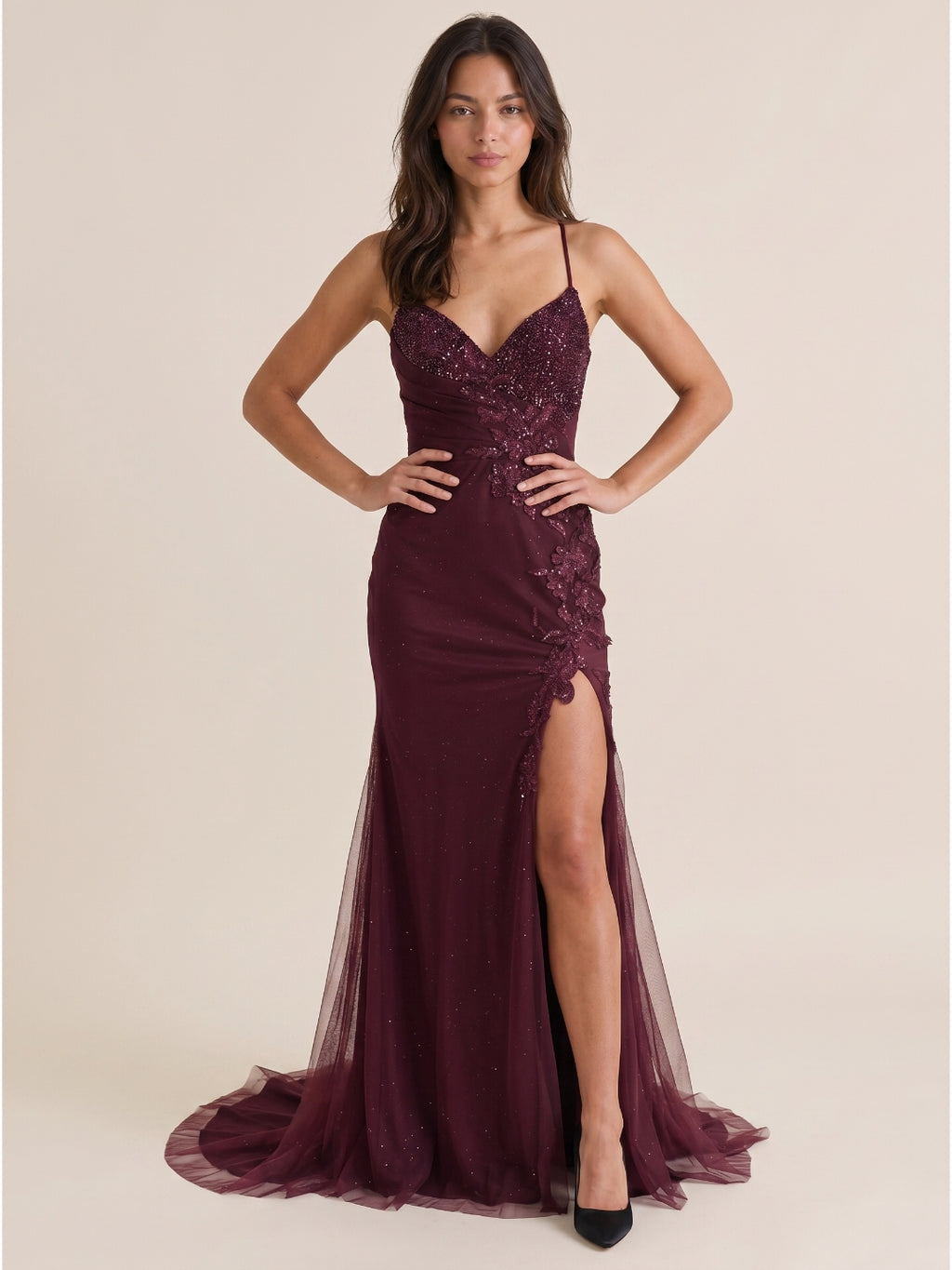 Cabernet Sequin Mermaid V-Neck Criss-Cross Floor-Length Prom Dress with 3D Flowers