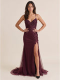 Cabernet Tulle Mermaid V-Neck Criss-Cross Floor-Length Prom Dress with 3D Flowers