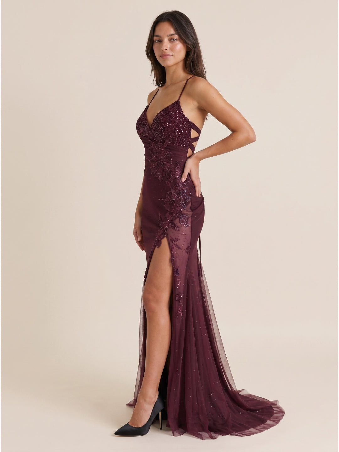 Cabernet Sequin Mermaid V-Neck Criss-Cross Floor-Length Prom Dress with 3D Flowers