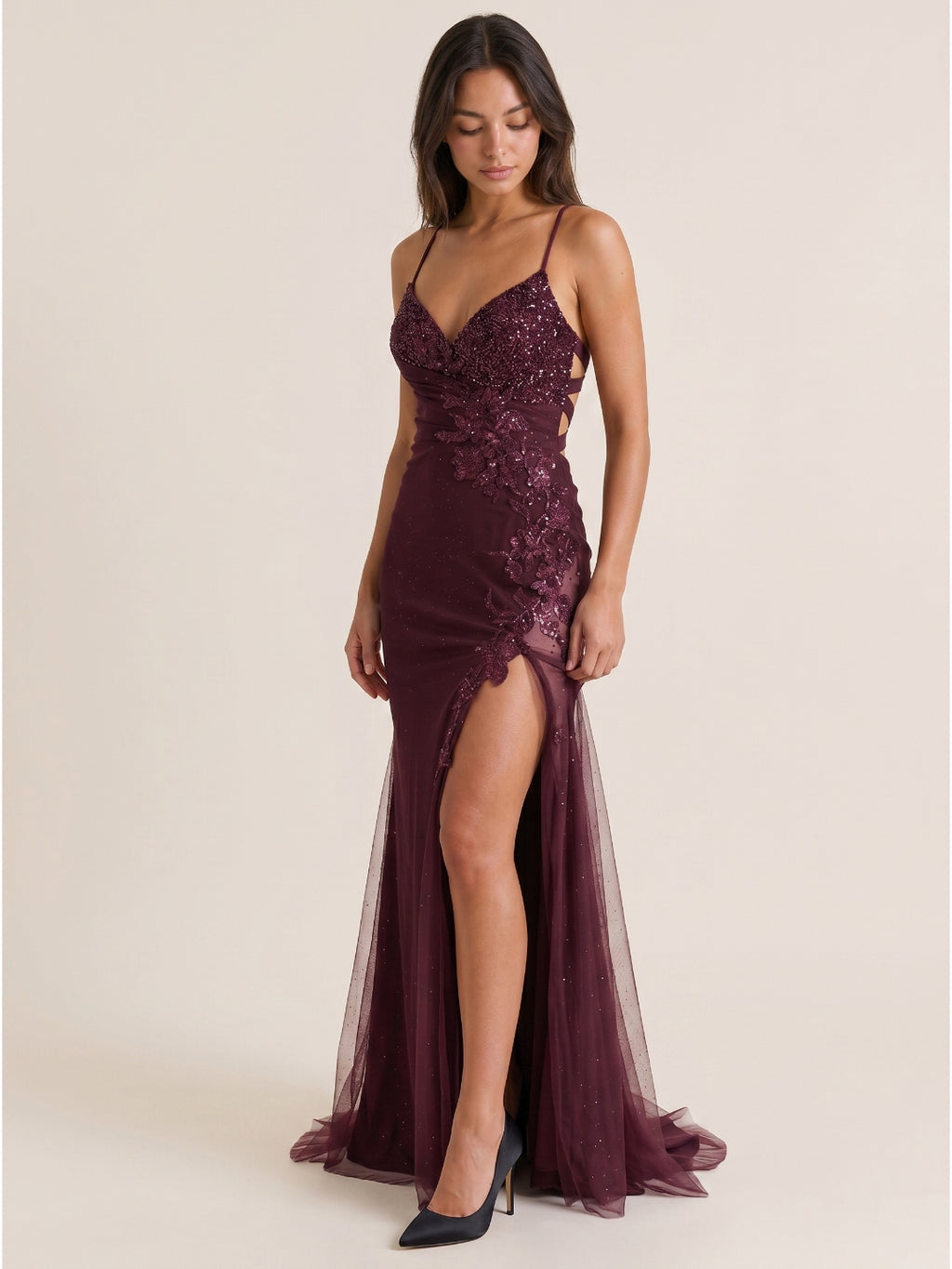 Cabernet Sequin Mermaid V-Neck Criss-Cross Floor-Length Prom Dress with 3D Flowers