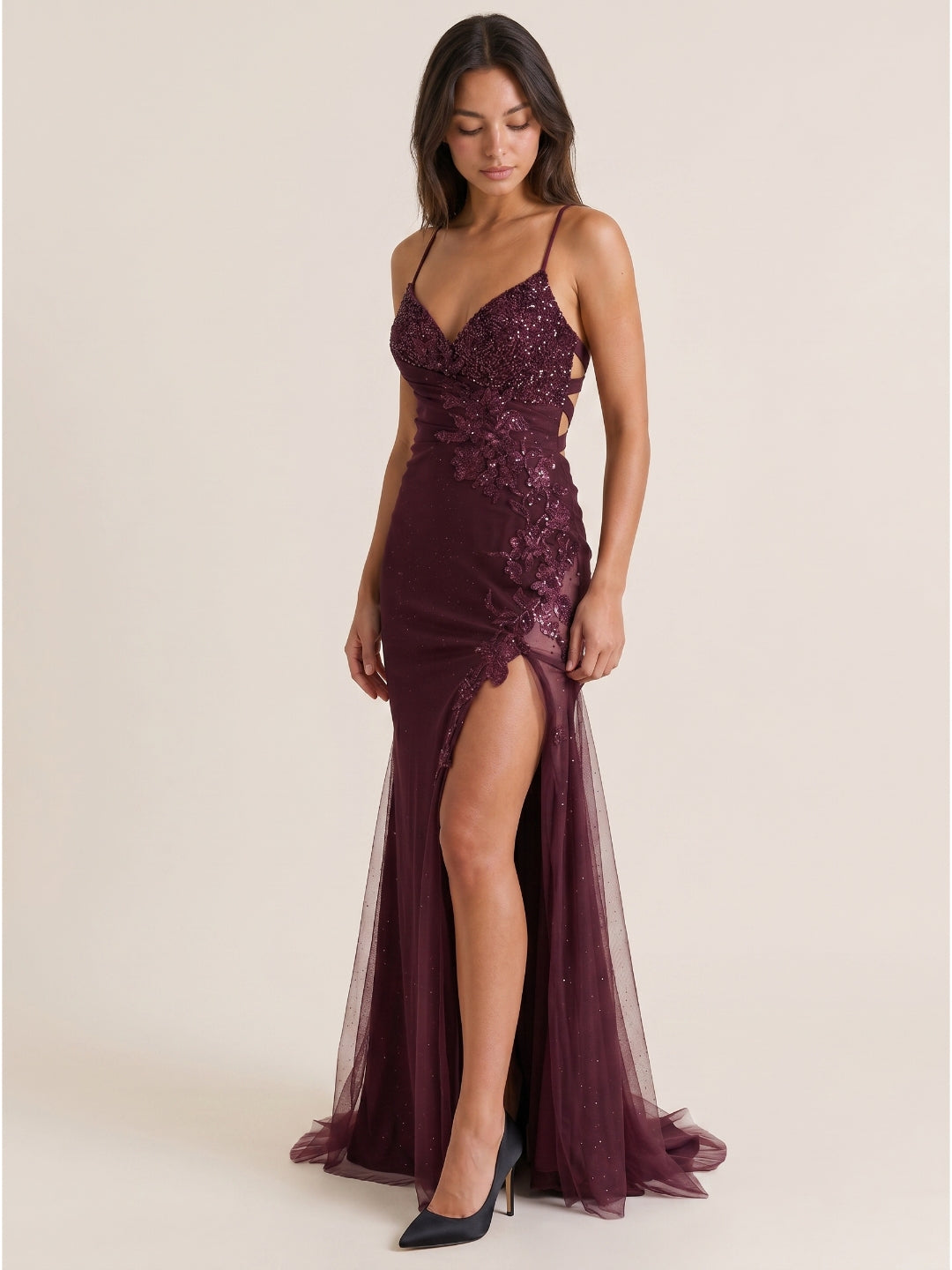 Cabernet Sequin Mermaid V-Neck Criss-Cross Floor-Length Prom Dress with 3D Flowers