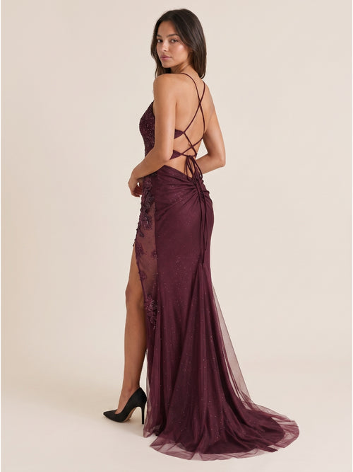 Cabernet Sequin Mermaid V-Neck Criss-Cross Floor-Length Prom Dress with 3D Flowers