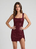 Cabernet Sequins Sheath Square Neck Backless Short Sequin Homecoming Dress