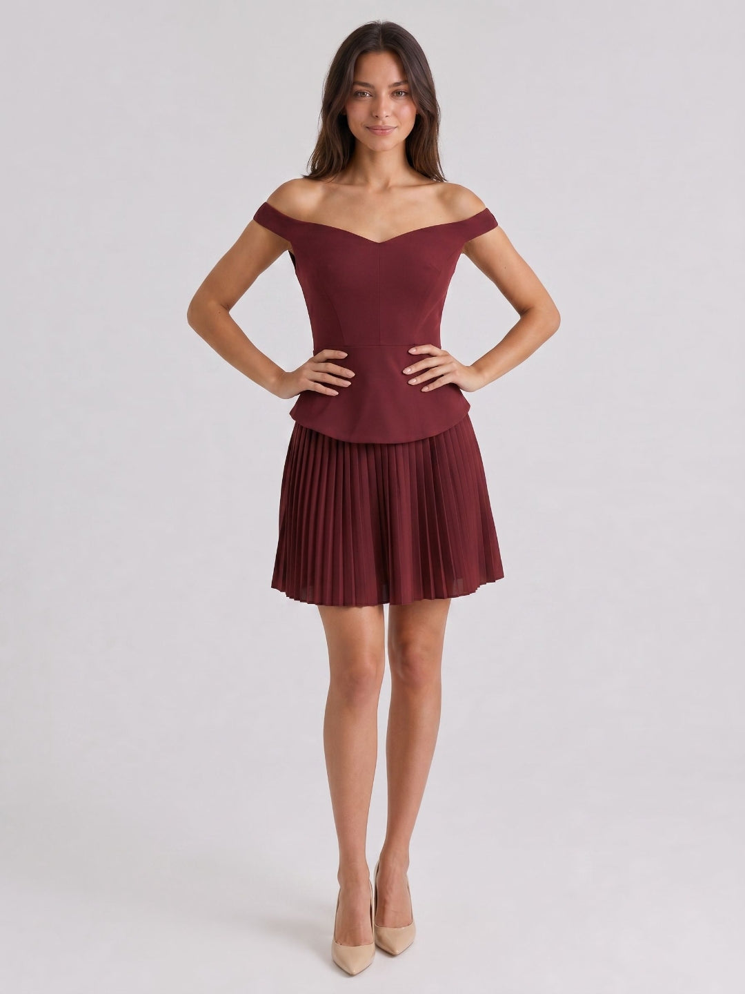 Cabernet Stretch Knit A-Line Off-the-Shoulder Back Zip Short Dress with Pleating