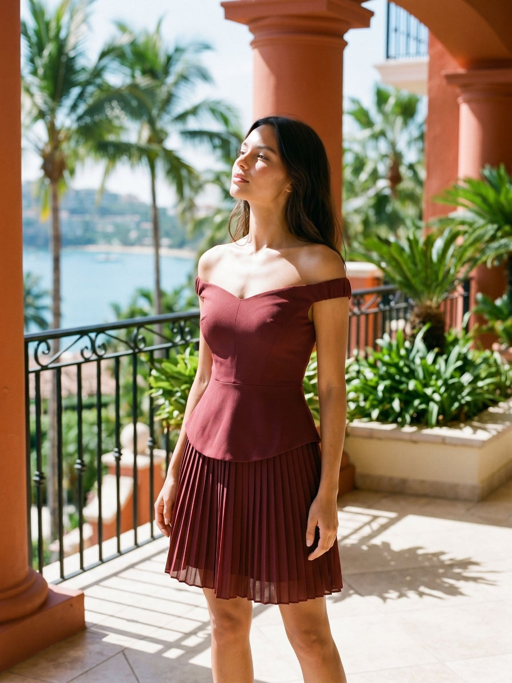 Cabernet Stretch Knit A-Line Off-the-Shoulder Back Zip Short Dress with Pleating