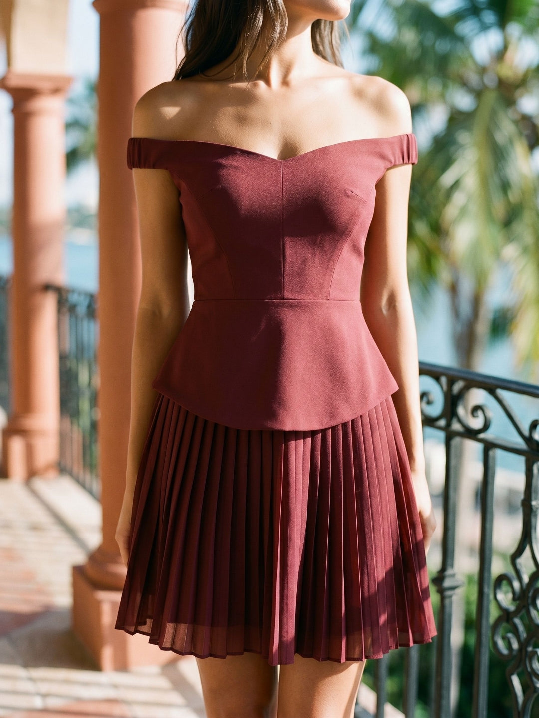 Cabernet Stretch Knit A-Line Off-the-Shoulder Back Zip Short Dress with Pleating