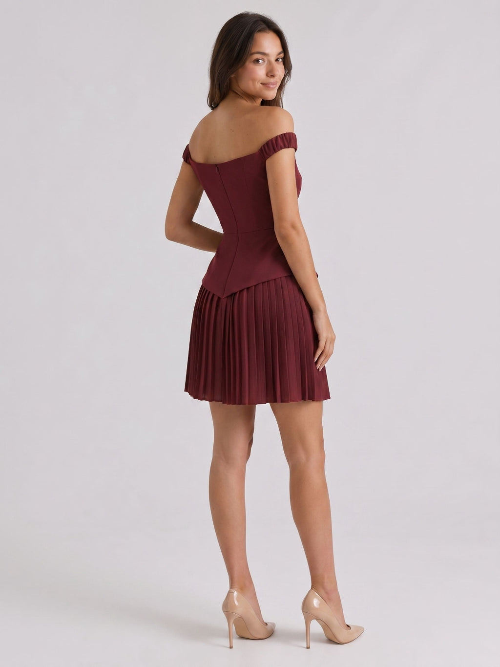 Cabernet Stretch Knit A-Line Off-the-Shoulder Back Zip Short Dress with Pleating