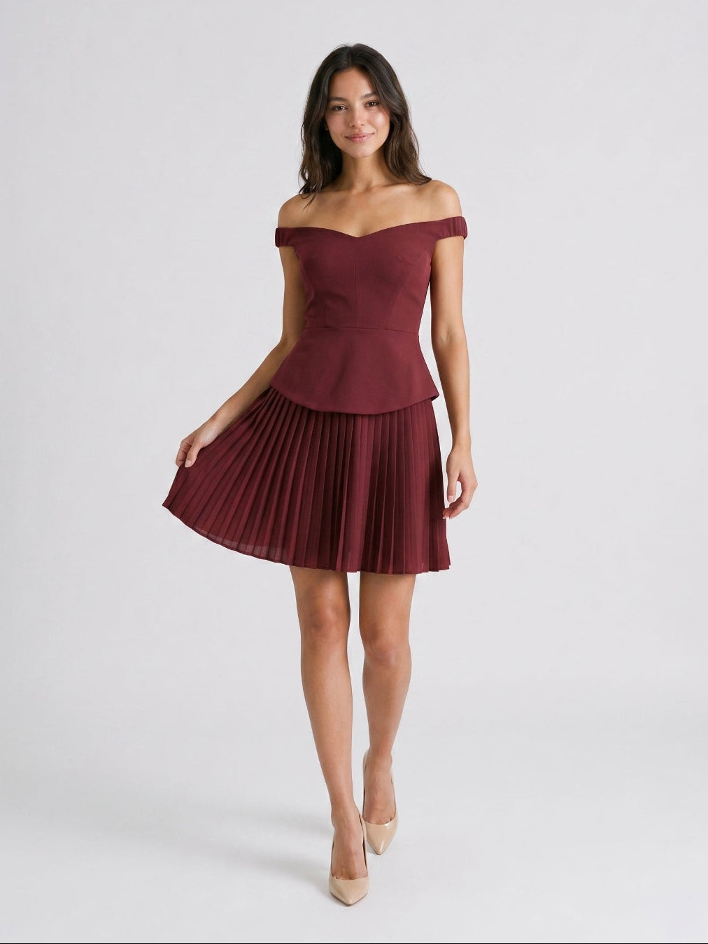 Cabernet Stretch Knit A-Line Off-the-Shoulder Back Zip Short Dress with Pleating