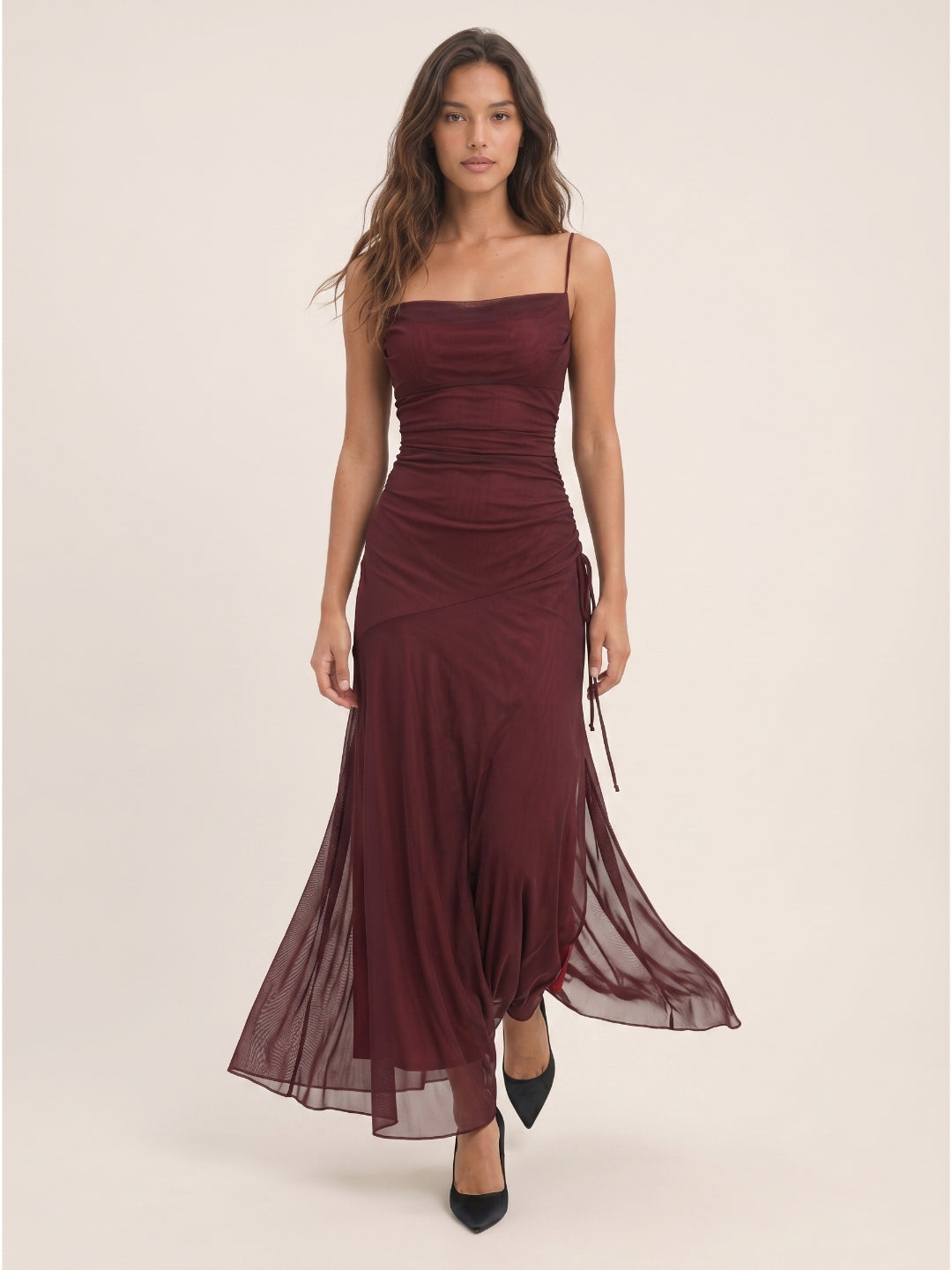 Cabernet Tulle Sheath Square Neck Backless Floor-Length Prom Dress with Pleating