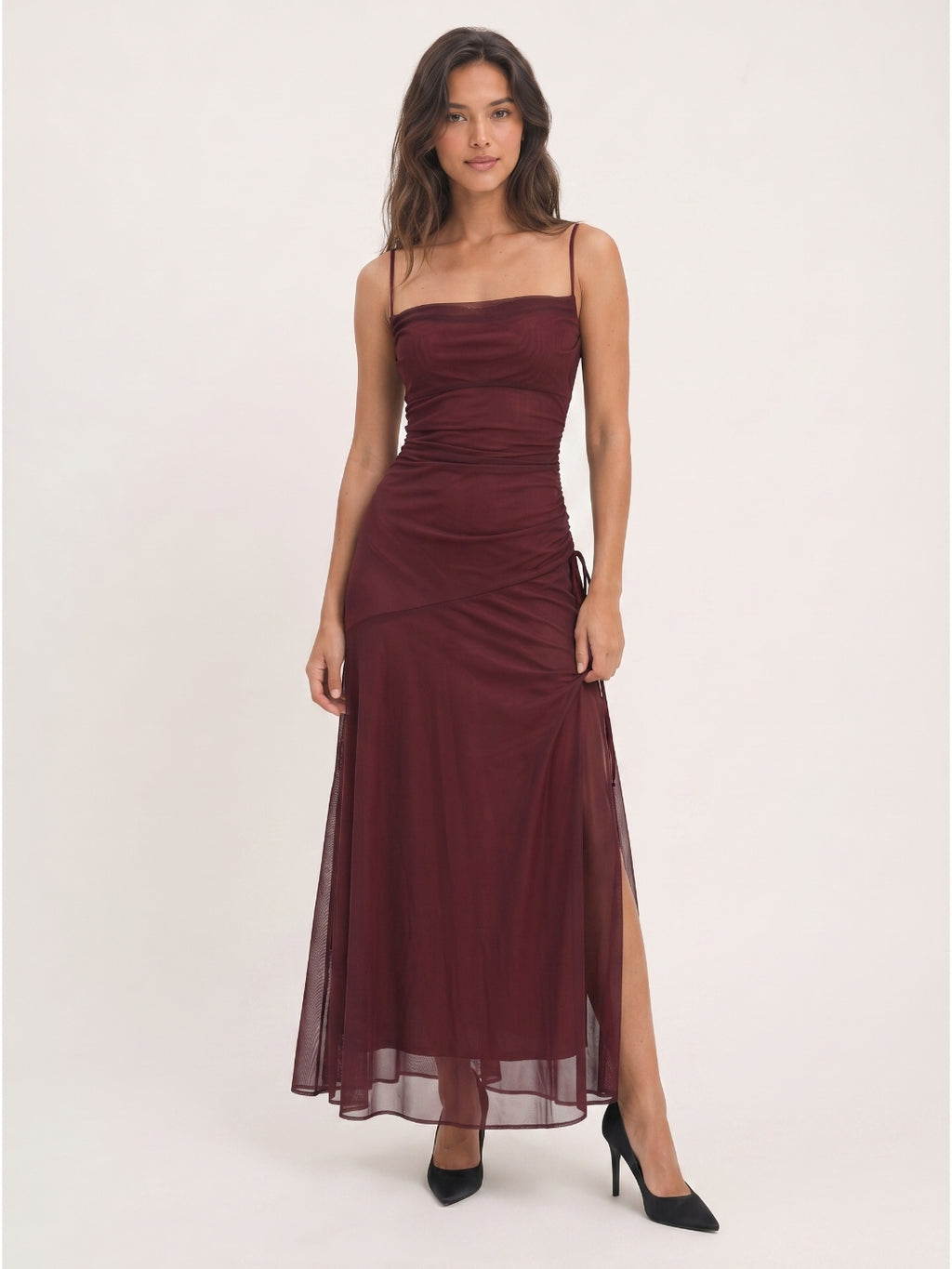 Cabernet Tulle Sheath Square Neck Backless Floor-Length Prom Dress with Pleating