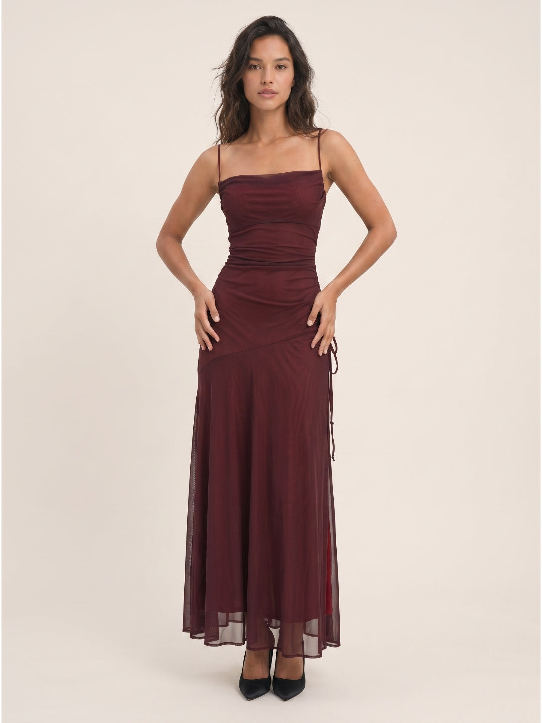 Cabernet Tulle Sheath Square Neck Backless Floor-Length Prom Dress with Pleating