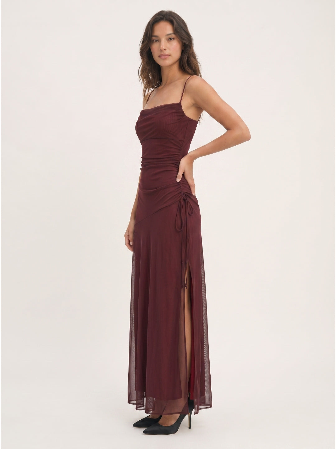 Cabernet Tulle Sheath Square Neck Backless Floor-Length Prom Dress with Pleating
