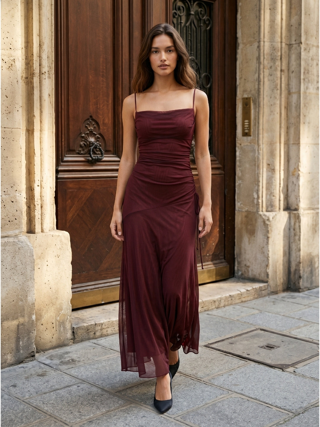 Cabernet Tulle Sheath Square Neck Backless Floor-Length Prom Dress with Pleating