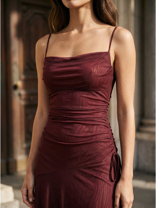Cabernet Tulle Sheath Square Neck Backless Floor-Length Prom Dress with Pleating