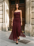 Cabernet Tulle Sheath Square Neck Backless Floor-Length Prom Dress with Pleating