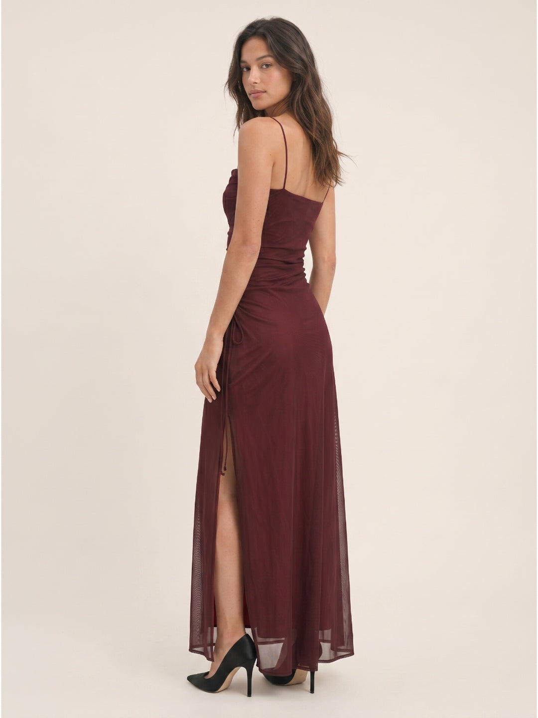 Cabernet Tulle Sheath Square Neck Backless Floor-Length Prom Dress with Pleating