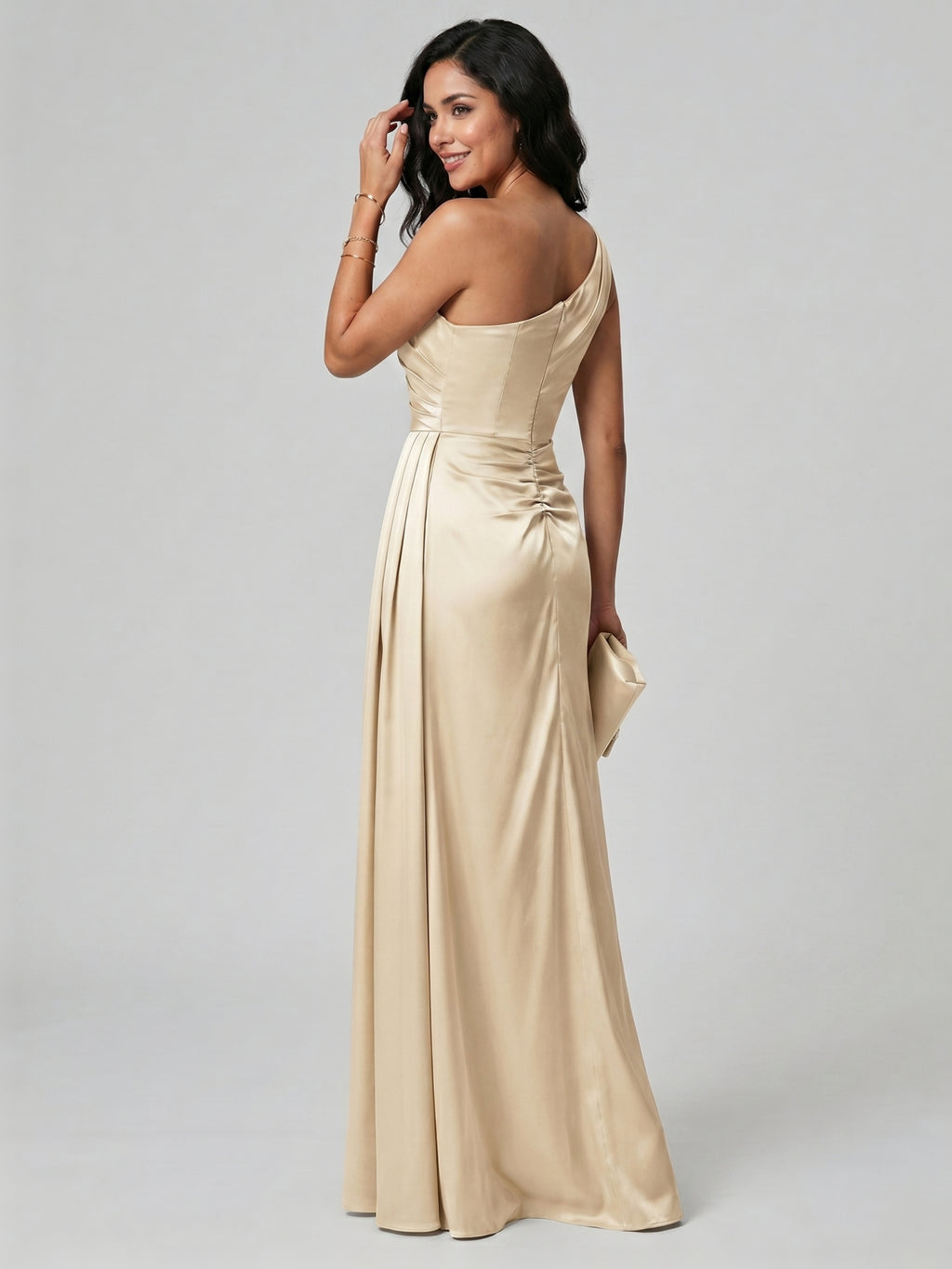 Elegant Champagne Satin A-Line One Shoulder Back Zip with nan Ankle-Length Plus Size Bridesmaid Dress