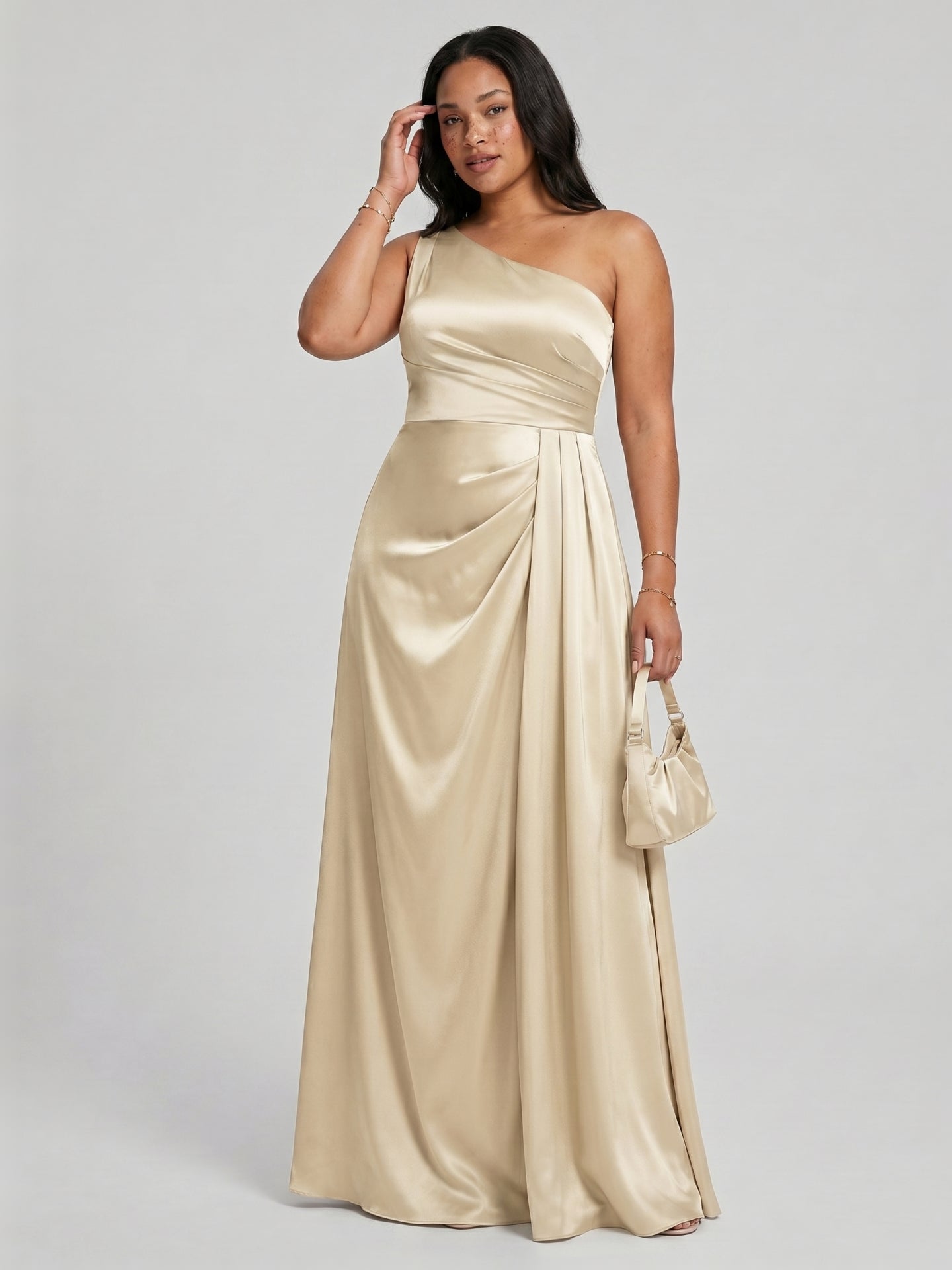 Elegant Champagne Satin A-Line One Shoulder Back Zip with nan Ankle-Length Plus Size Bridesmaid Dress