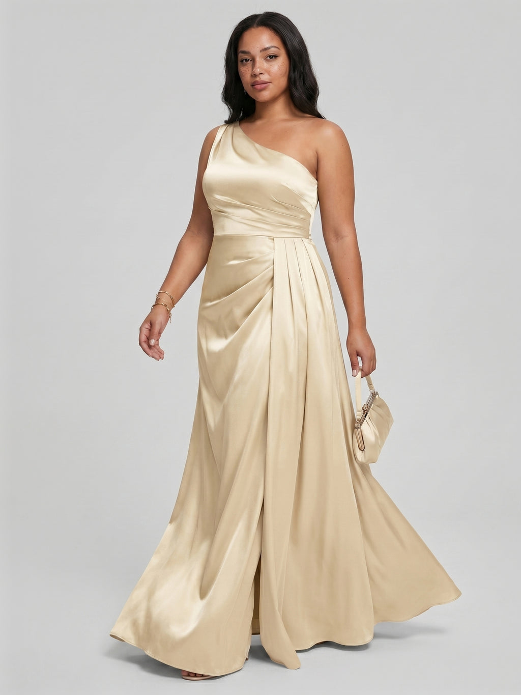 Elegant Champagne Satin A-Line One Shoulder Back Zip with nan Ankle-Length Plus Size Bridesmaid Dress