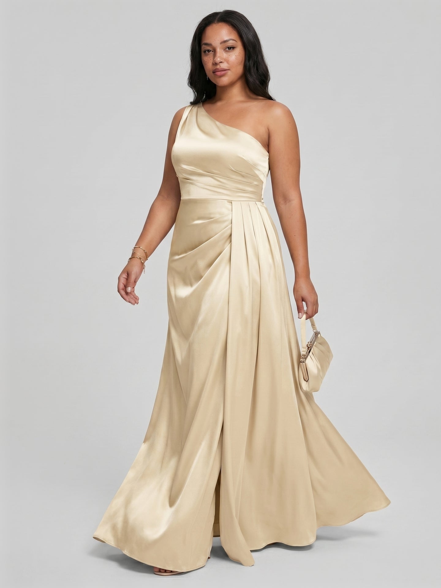 Elegant Champagne Satin A-Line One Shoulder Back Zip with nan Ankle-Length Plus Size Bridesmaid Dress