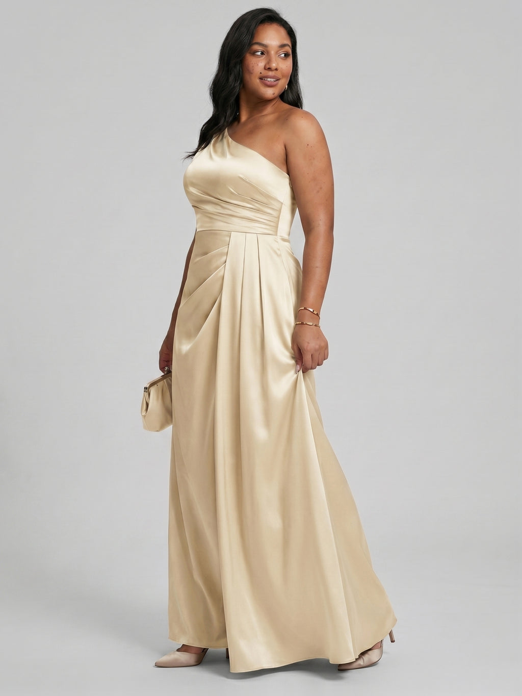 Elegant Champagne Satin A-Line One Shoulder Back Zip with nan Ankle-Length Plus Size Bridesmaid Dress