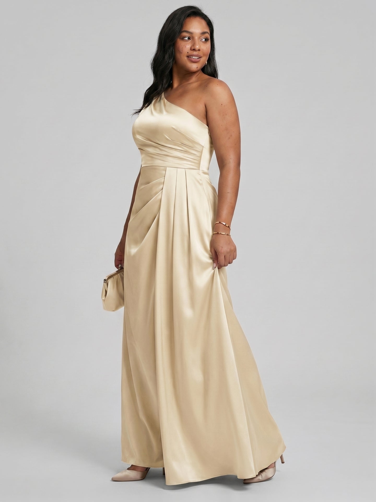Elegant Champagne Satin A-Line One Shoulder Back Zip with nan Ankle-Length Plus Size Bridesmaid Dress