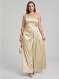 Elegant Champagne Satin A-Line One Shoulder Back Zip with nan Ankle-Length Plus Size Bridesmaid Dress