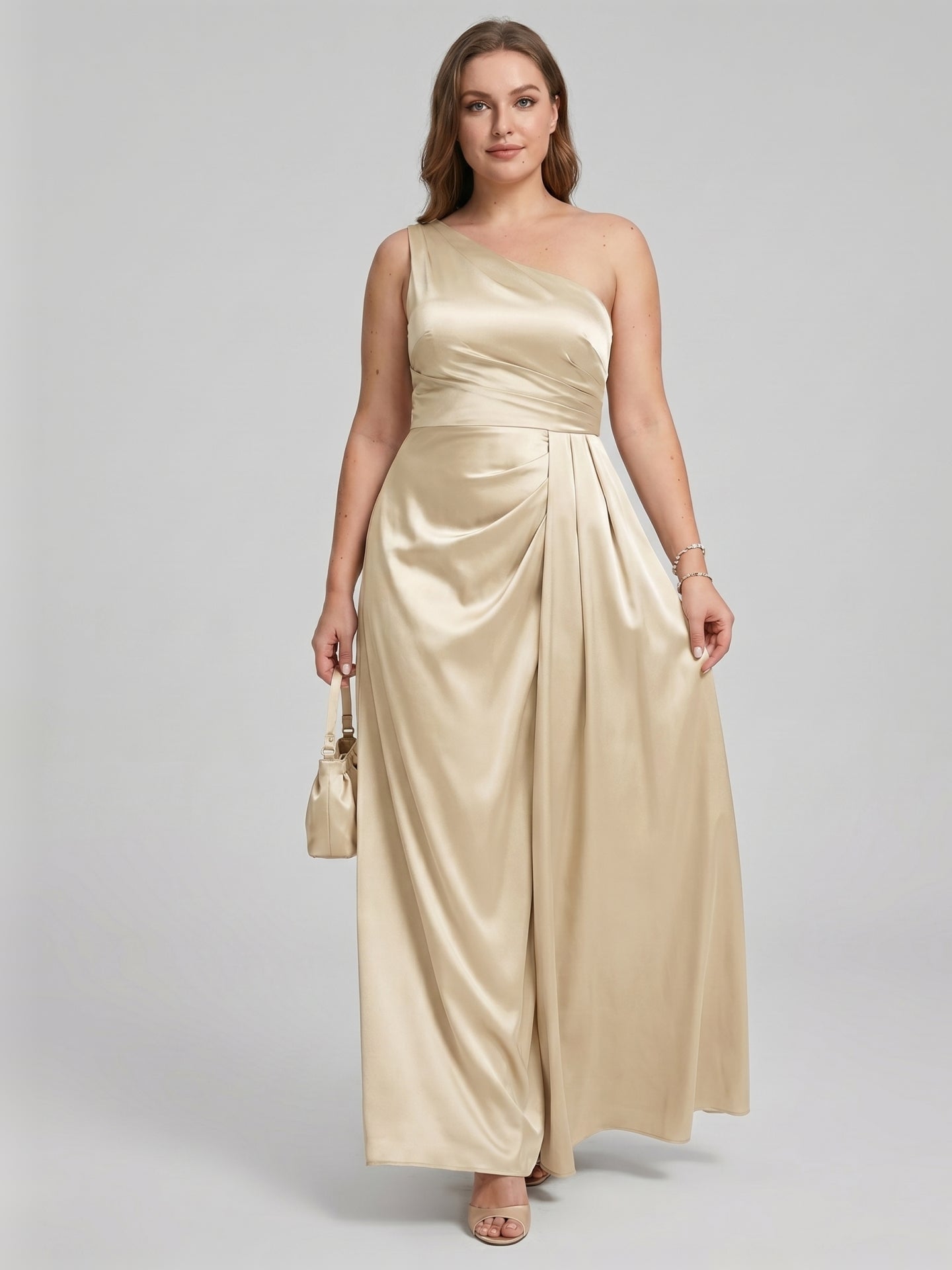Elegant Champagne Satin A-Line One Shoulder Back Zip with nan Ankle-Length Plus Size Bridesmaid Dress