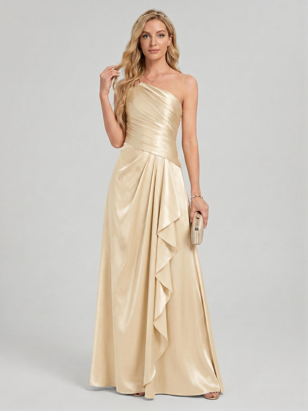 Elegant Champagne Satin A-Line Straight Neck Side Zip with Sash Detail Ankle-Length Bridesmaid Dress