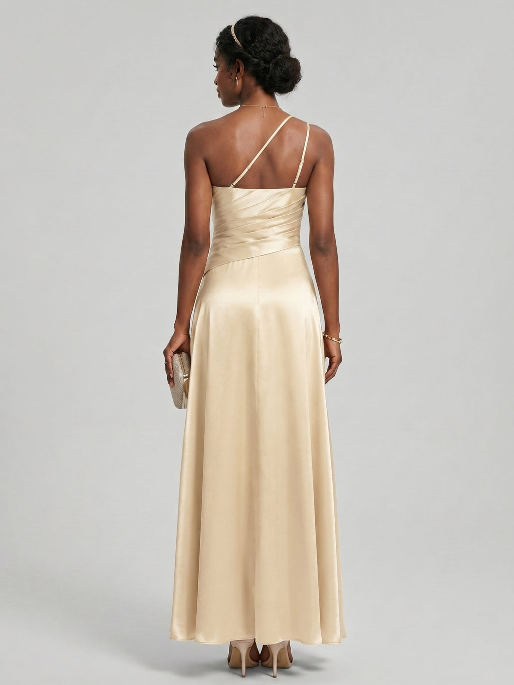 Elegant Champagne Satin A-Line Straight Neck Side Zip with Sash Detail Ankle-Length Bridesmaid Dress