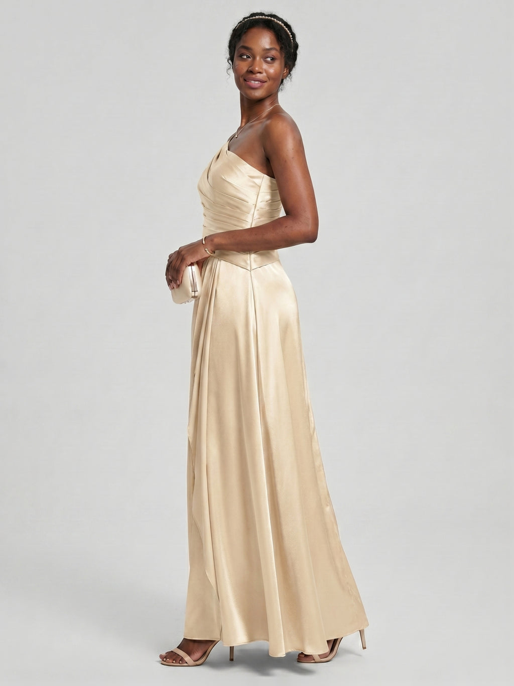 Elegant Champagne Satin A-Line Straight Neck Side Zip with Sash Detail Ankle-Length Bridesmaid Dress