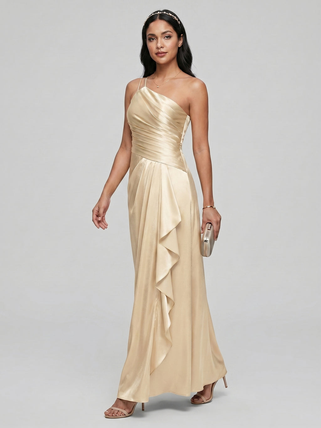 Elegant Champagne Satin A-Line Straight Neck Side Zip with Sash Detail Ankle-Length Bridesmaid Dress