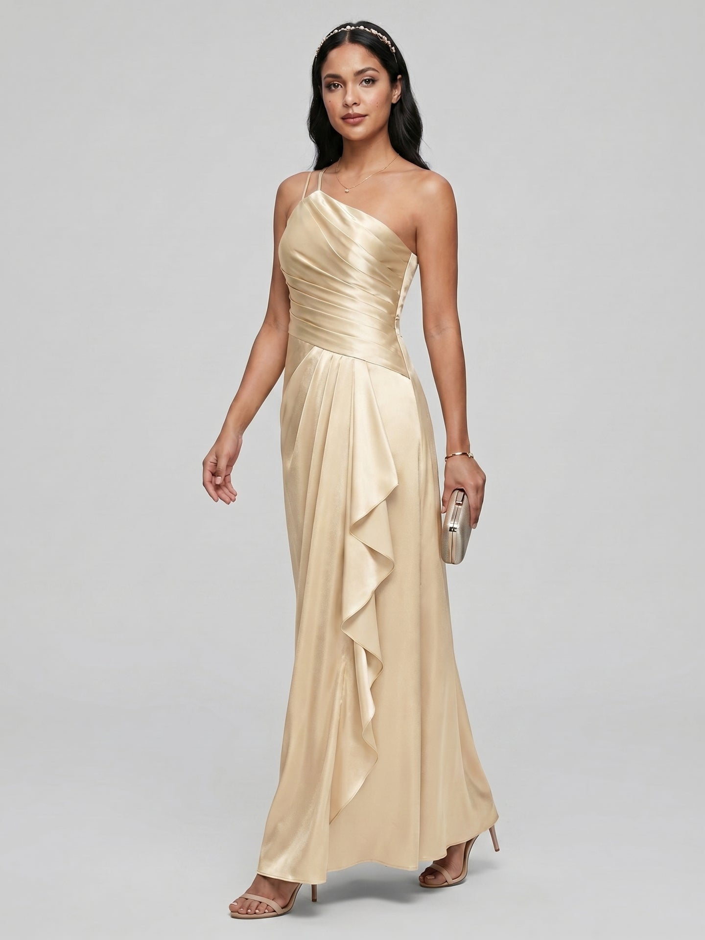 Elegant Champagne Satin A-Line Straight Neck Side Zip with Sash Detail Ankle-Length Bridesmaid Dress