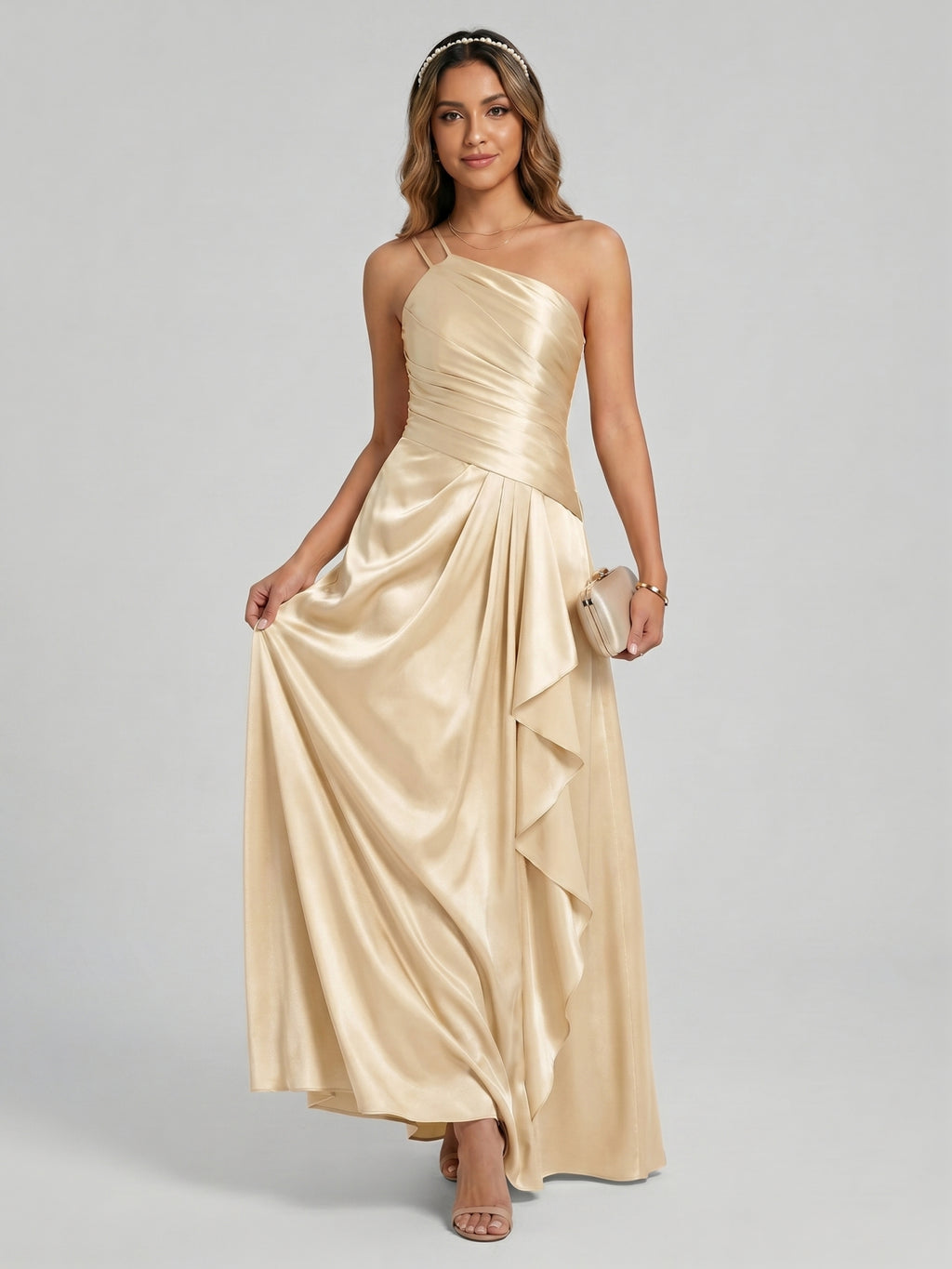 Elegant Champagne Satin A-Line Straight Neck Side Zip with Sash Detail Ankle-Length Bridesmaid Dress