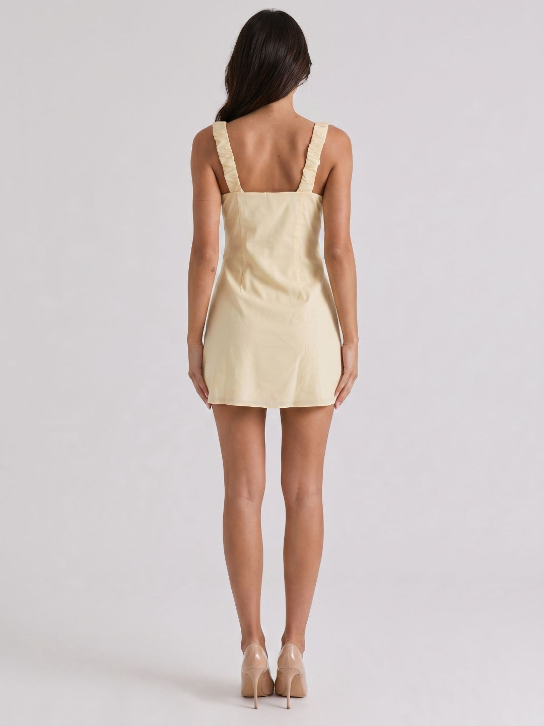 Champagne Chiffon A-Line Square Neck Backless Short Dress with Pleating