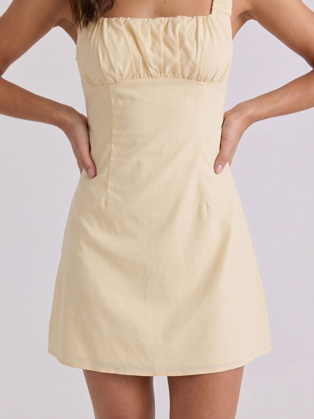 Champagne Chiffon A-Line Square Neck Backless Short Dress with Pleating
