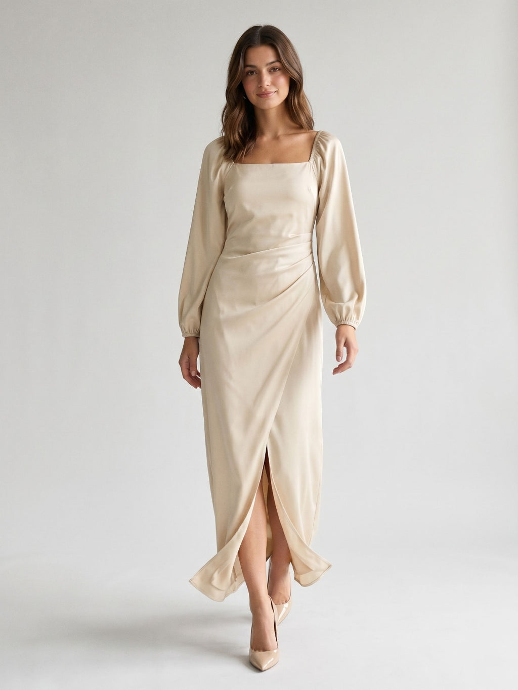 Champagne Matte Satin Sheath Square Neck Back Zip Ankle-Length Formal Dress with Pleating