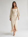 Champagne Matte Satin Sheath Square Neck Back Zip Ankle-Length Formal Dress with Pleating