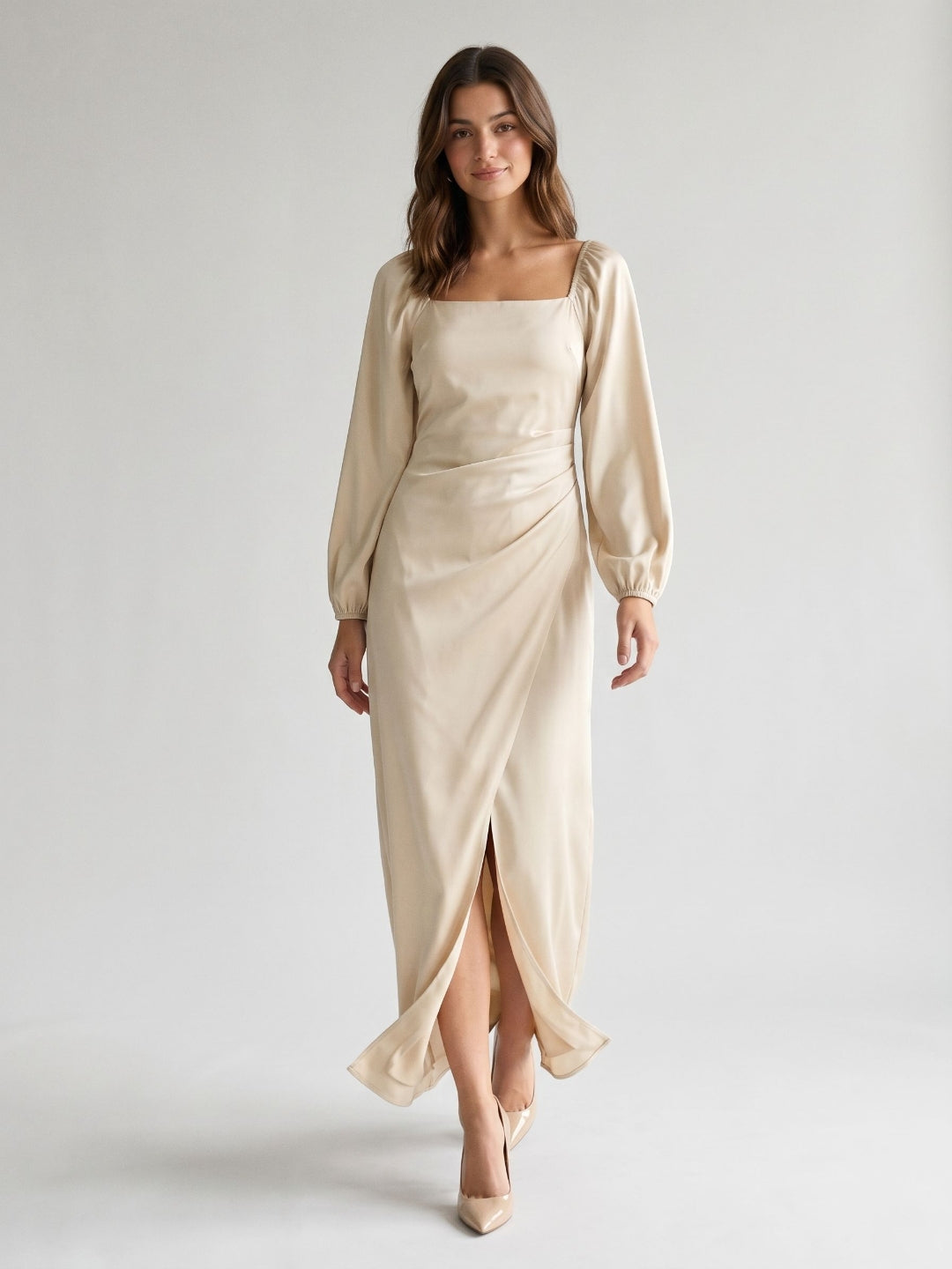 Champagne Matte Satin Sheath Square Neck Back Zip Ankle-Length Formal Dress with Pleating