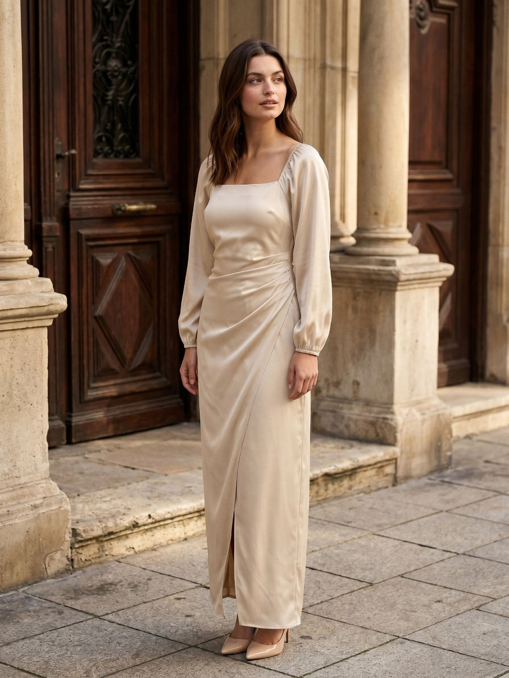 Champagne Matte Satin Sheath Square Neck Back Zip Ankle-Length Formal Dress with Pleating
